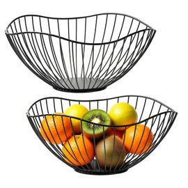 MAHIONG 2 PCS Fruit Bowl, Wire Fruit Bowls, Large Black Fruit Bowl, Large Iron Fruit Basket for Worktop, Table, Refrigerator, 25.5 x 13cm