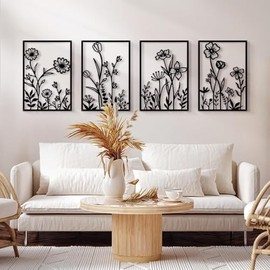 Black Metal Flowers Wall Decor: Elegant Floral Wall Art Sculptures for Bedroom, Bathroom, and Living Room - Set of 4, 12 x 17 in each