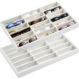 Amylove 2 Pcs Sunglass Organizer Trays Glasses Stackable Jewelry Trays Sunglass Organizer Display Box(18 Grids,Beige)