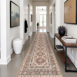 3x14 Runner Rug Kitchen Washable: Oriental Indoor Hallway Runners with Non Slip Backing Floor Mat for Entryway Door Low Pile Thin Carpet for Bedroom Bathroom Living Room Bedside Brick