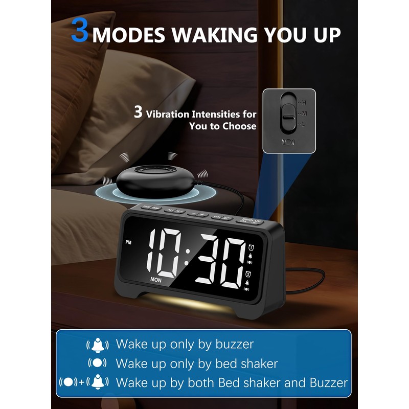 Alarm Clock with Vibration, Extra Loud Alarm Clock with Bed