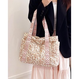 XUUHGUO Quilted Tote Bag for Women Floral Shoulder Purse with Bow Charm & Side Pockets Puffer Handbag for Nurse, Travel, Work, Pink, Large