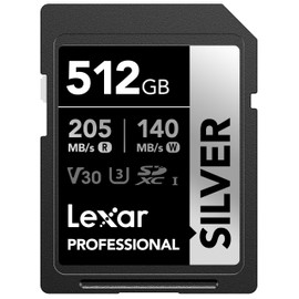 Lexar 512GB Professional Silver SDXC Memory Card, UHS-I, C10, U3, V30, 4K Video, Up to 205/140 MB/s Read/Write, for Professional Photographer, Videographer, Enthusiast (LSDSILV512G-BNNNU)