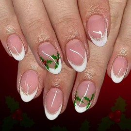 Christmas Press on Nails Medium Almond Nails Press ons with Holly Fruit Design White French Tip Fake Nails Glossy Full Cover Pink Glue on Nails Winter Xmas Holiday Nail for Women 24Pcs