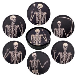 Skeleton Skull Coasters for Drinks with Holder Leather Coasters Set of 6 for Coffee Table