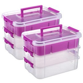 JUXYES 2Pack 3-Tiers Stack Carry Storage Box With Divided Tray, Transparent Stackable Storage Bin With Handle Lid Latching Storage Container for School & Office Supplies, Purple