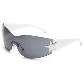 LIKSMU Rimless Y2K Sunglasses for Women Men Wrap Around Fashion Sunglasses Oversized Frameless 2000s Trendy Sun Glasses Black Lens and White Frame