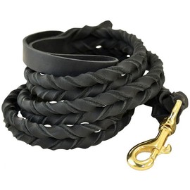 J&J Dog Supplies Deluxe Full-Braided Leather Dog Leash (Black, 5' 1/2")