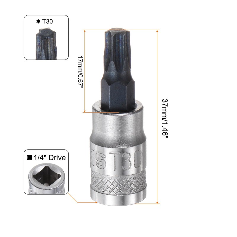 HARFINGTON Torx Bit Socket T30 Solid Star 1/4" Drive 1.46"