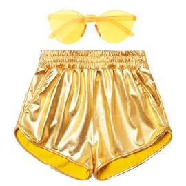 Mirawise Women's Metallic Shorts Summer Yoga Hot Shiny Sparkly Outfit Short Pants with Sunglasses, Gold-2, Small