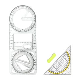 1 x Multifunctional Geometric Ruler, Maths Drawing Ruler, Drawing Stencil, Math Drawing Ruler + 1 x Plastic Geometric Triangle with Removable Handle