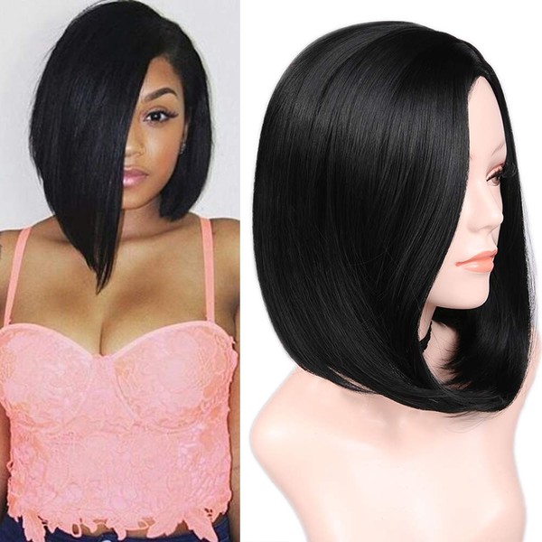 Quick Wig 14 inch Black Short Bob Wigs Straight Hair Wig Side Part Bowl Cut Cosplay Wig Heat Resistant Natural Looking Synthetic Full Wigs for Women(Natural Black)