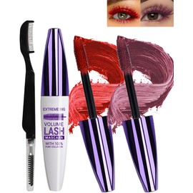 5D Silk Fibre Eyelashes, Waterproof with Eyelash Comb Brush, 2 Colours, Red and Burgundy, Waterproof, Extension, Voluminous, Durable, Cosplay Party Use, Colourful Eye Make-Up, 7+8