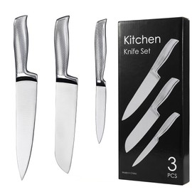 FONGDANLAITE 3PC Kitchen Knife Set for Beginners – 8 Inch Chef, 7 Inch Santoku, 5 Inch Utility – Full Tang High Carbon Stainless Steel with Hammered Handle – Entry Level Professional Knives for Cooks
