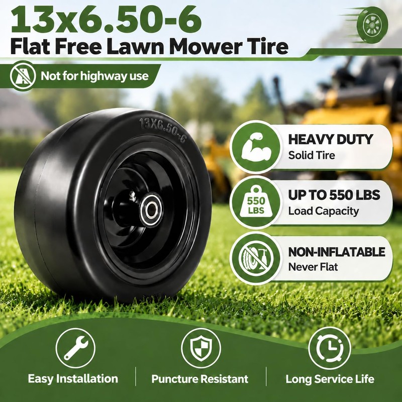 2PCS 13x6.50-6 Flat Free Front Zero Turn Lawn Mower Tires,