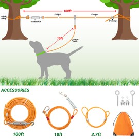 IPRAVOCI 100FT Dog Tie Out Cable, Heavy Duty Dog Runner Cable Lead for Yard, Chew Proof Trolley Dog Run Cable Leash for Small Medium Large Dogs Camping, Training, Hiking Outdoor