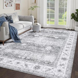 GlowSol Area Rugs 4x6 for Living Room Bedroom Washable Rug Stain Resistant Non-Shed Carpet Floral Print Vintage Distressed Floor Cover, Low Pile Mat with Non Slip Backing, Gray