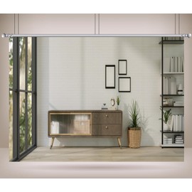 Loccor 7x5ft Fabric Modern Living Room Backdrop Minimal Scandinavian Interior Wooden Cabinet French Window White Wall Background Home Office Backdrop for Video Conference Photo Props