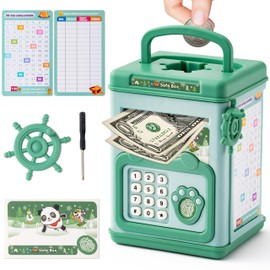 GoaePode Money Box for Kids, Piggy Bank Electronic ATM Password for Money Safe, Cartoon Saving Box Cash Coins Schedule Planner, Pocket Money Organiser for Boys Girls Toys Birthday Gift (Green)