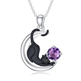 LONAGO Black Cat Necklace with Birthstone Cat Moon Pendant Necklace Jewelry Gift for Women (February)