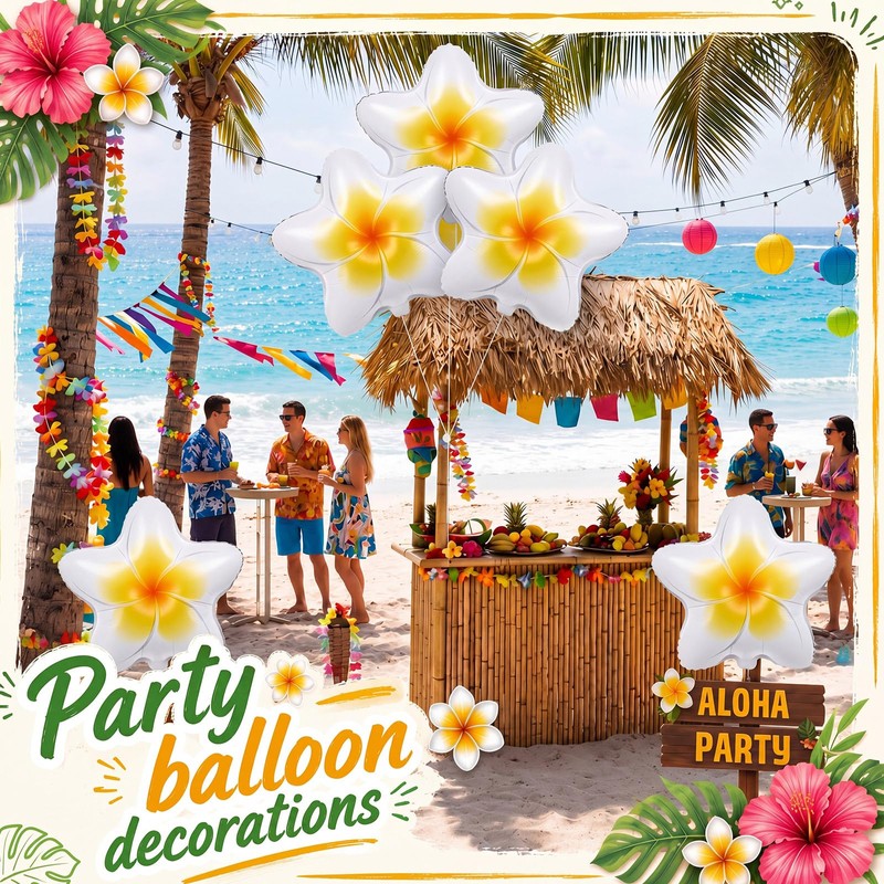6 Pack 20" Plumeria Balloons Hawaiian Tropical Foil,Plumeria