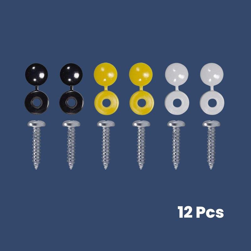 Car Number Plate Screws and Caps Set - 12 Pcs