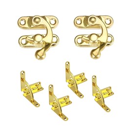 WANLIAN Right Latch Hook Hasp Horn Lock and 90 Degree Folding Support Hinge Kit,Zinc Alloy Box Hinge,for Decorative Jewelry Gift Wine Wooden Box,with Matching Screws(Gold 2 Pack)