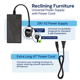 The Blue Cactus Company Reclining Furniture Power Supply with 47" Power Cord - Class 2, 2-Pin Furniture Connector - Gaming Chair & Electric Recliner Power Cord Replacement