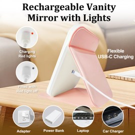 ZHUOTHAN Rechargeable Travel Mirror with Light, LED Makeup Mirror with Lights, Portable Vanity Mirror with 3 Color Lighting, Touch Dimmable Lighted Cosmetic Mirror, Travel Essentials for Women (Pink)