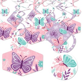 Big Dot of Happiness Beautiful Butterfly - Floral Baby Shower or Birthday Hanging Decor - Party Decoration Swirls - Set of 40