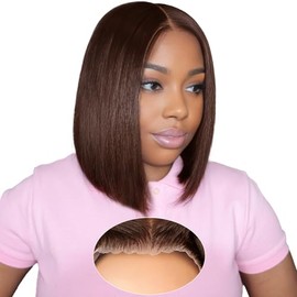 XZZ Chocolate Brown Wear and Go Glueless Wigs Human Hair Pre Plucked Pre Cut 16 Inch 9x6 Brown Bob Wig Human Hair Glueless HD Lace Closure Wig Short Bob Wig Bleached Knots 200% Density for Women