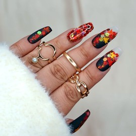 10 Pcs Handmade Press on Nails (Medium, Last Falling Leaves- Matte Black With Golden And Red Holo Leaves Glitter Sealed In - Bellerina) A053M