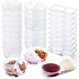 Blushtier 30 Pcs 3 Different Shapes 5 oz Mini 2 Compartment Snack Containers Double Compartment Reusable Condiment Container with Lid Small Plastic Disposable Box for Sauce, Candy, Salad Dressing