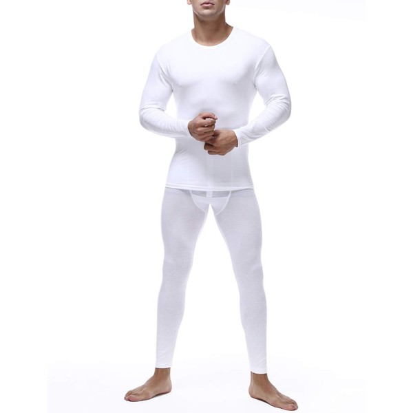 Locachy Men's Ultra Soft Thermal Underwear Stretchy Thin Long Johns Set with Modal Cotton Long Johns Top & Bottom Set (White, M)