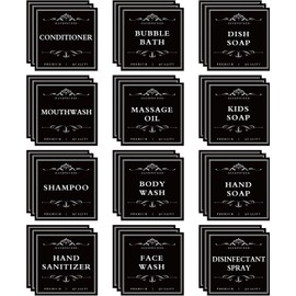 36 etiquetas impermeables impresas para botellas de champú y acondicionador, dispensador de jabón de baño, etiquetas adhesivas de organización, color negro