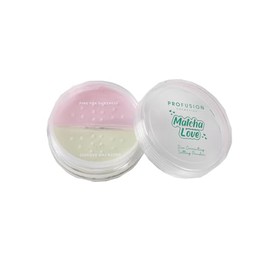Profusion Cosmetics Matcha Love Duo Correcting Setting Powder with Kabuki Brush, Green and Pink Shades for Redness Elimination and Radiance