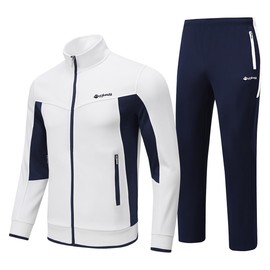 BASUDAM Men's Track Suits 2 Piece Set Long Sleeve Warm Up Tracksuits Zip-Front Athletic Casual Sports Activewear White Navy L
