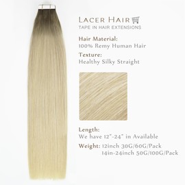 Lacerhair Rooted Tape in Hair Extensions Human Hair Seamless Skin Weft Real Remy Invisible Natural Hair #8G/60A Double Sided Light Platinum Blond with Light Ash Brown Roots 20" 50g
