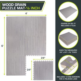 ProsourceFit Wood Grain Puzzle Mat 1/2-in, 6 EVA Foam Interlocking Floor Tiles (24SQ FT) for Secure Indoor Room Workout Flooring and Playmat, Slate Grey