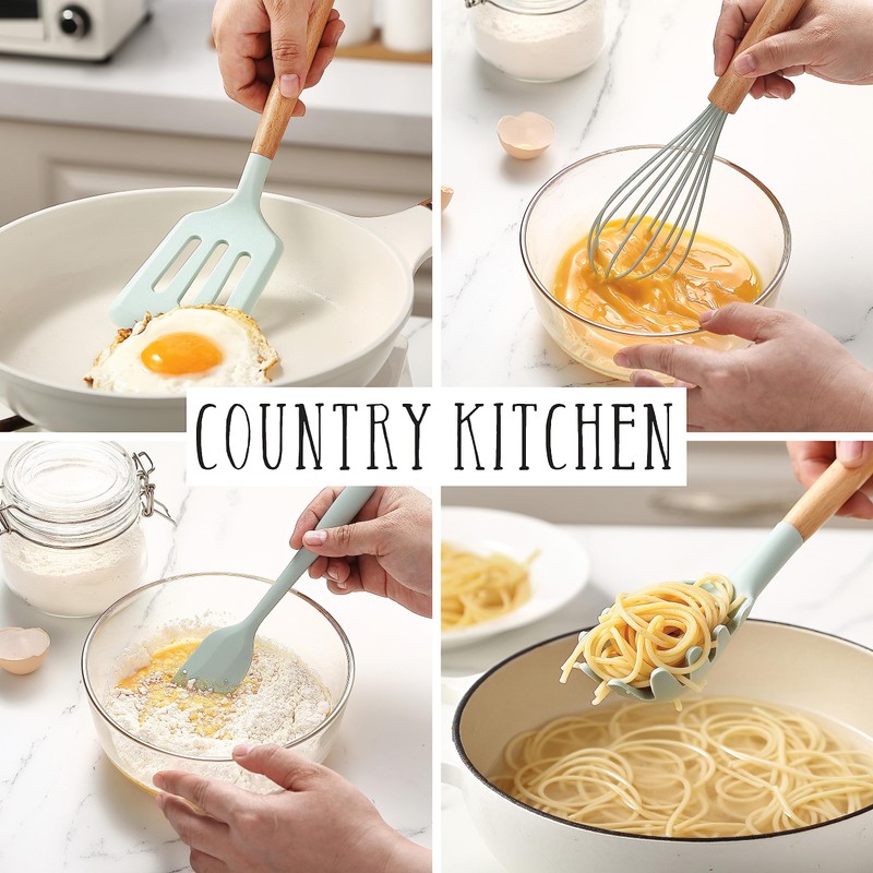 Country Kitchen Non Stick Silicone Utensil Set with Rounded Wood