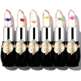 FirstFly - Juego de 6 lápices labiales con flores de cristal, larga duración, nutritivo bálsamo labial hidratante de labios, color negro