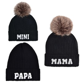 Kunyeah 3 Pieces Parent-Child Beanie Hat Mum Dad Baby Matching Hats Winter Warm Hat with Bobble Women Men Knitted Hat, black