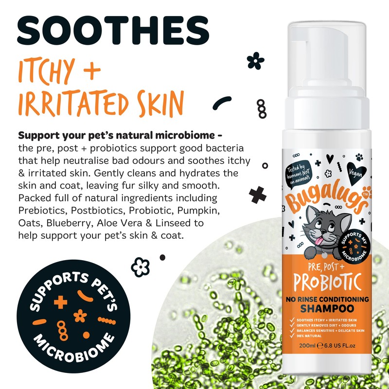 Bugalugs No Rinse Cat Shampoo for Itchy Skin with Prebiotics,