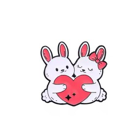 Rabbit Enamel Pin, Two Bunnies Hugging Heart, Love Pin, Metal, 1 Inch Tall, Pink and White