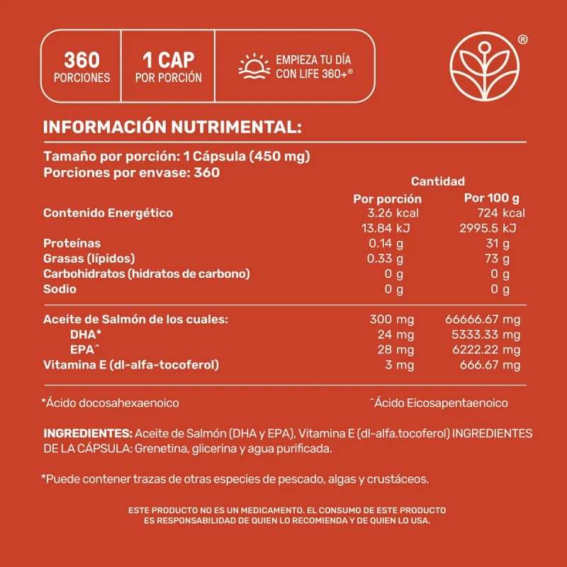 Omega Aceite Salmón Vitamina 360 Cápsulas Life360