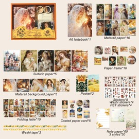 Scrapbooking Supplies Kit, Vintage People Aesthetic Scrapbook Kit, Junk Journal Supplies with Scrapbook Paper, Scrapbook Stickers, A6 Grid Notebook, Stationery, Journaling Supplies for DIY Art Craft