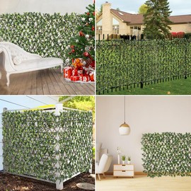 Coarbor 4 Packs Artificial Leaf Faux Ivy Expandable Privacy Fence Screen Grass Wall Stretchable Fencing for Deck Balcony Patio Porch Trellis Decor, Ficus (Single Sided Leaves)
