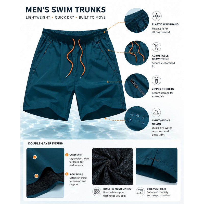 Men’s Double-Layer Swim Trunks for Beach & Pool – Quick-Dry