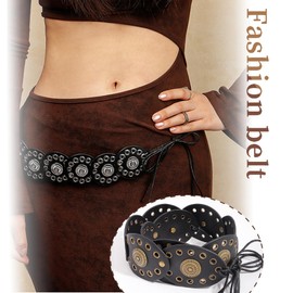 Western Chunky Wide Disc Belt for Women Plus-Size Boho Hollow Concho PU Leather Lace-up Brown Cowgirl Waist Belt for Dresses Jeans