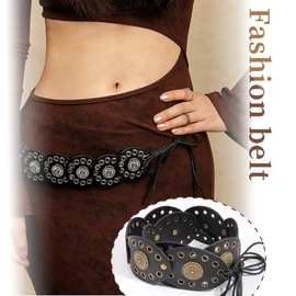 Western Chunky Wide Disc Belt for Women Plus-Size Boho Hollow Concho PU Leather Lace-up Brown Cowgirl Waist Belt for Dresses Jeans